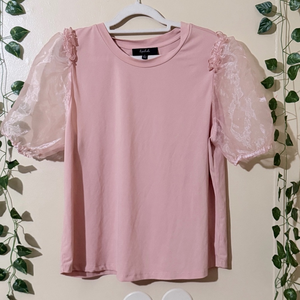 Light Pink Puff Sleeve Tee with Sheer Organza Sleeves